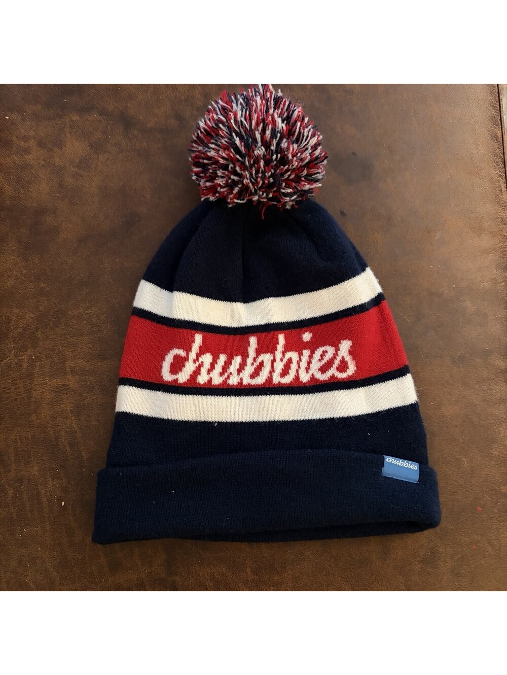 Chubbies Pom-Pom Striped Beanie Hat Navy Red White One Size Unisex Fall